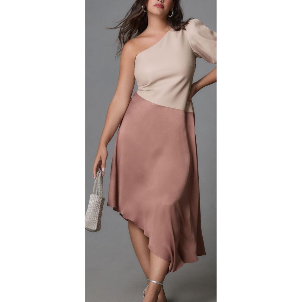 Anthropologie Faux Leather One-Shoulder Asymmetrical Midi Dress